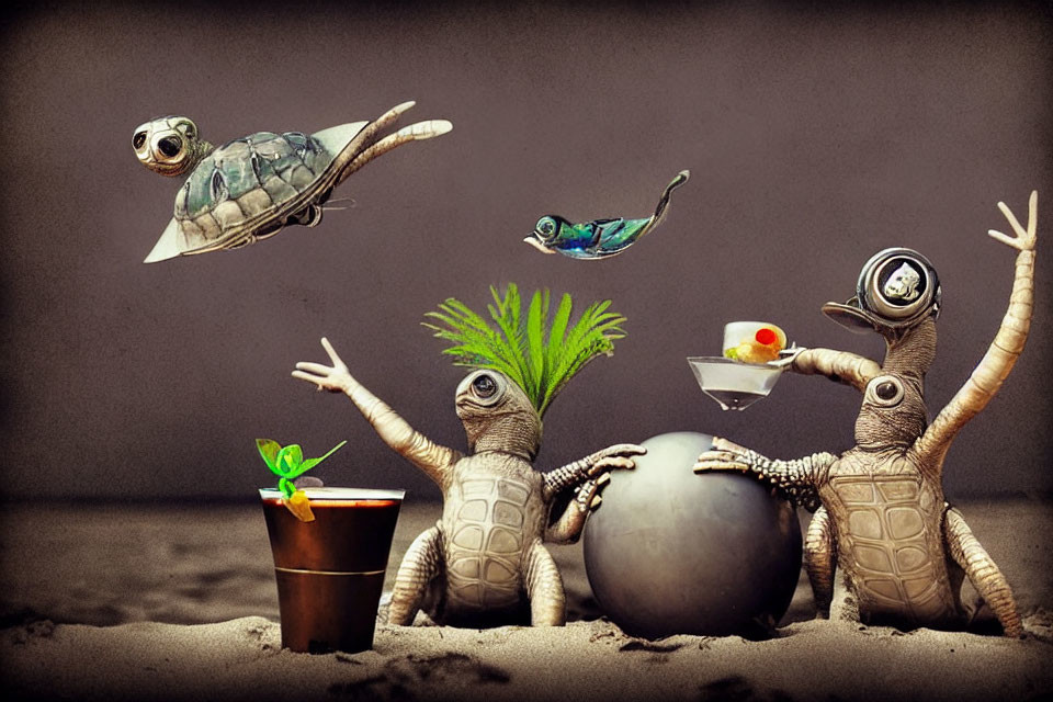 Whimsical turtles with human-like bodies and cocktail glasses in surreal setting
