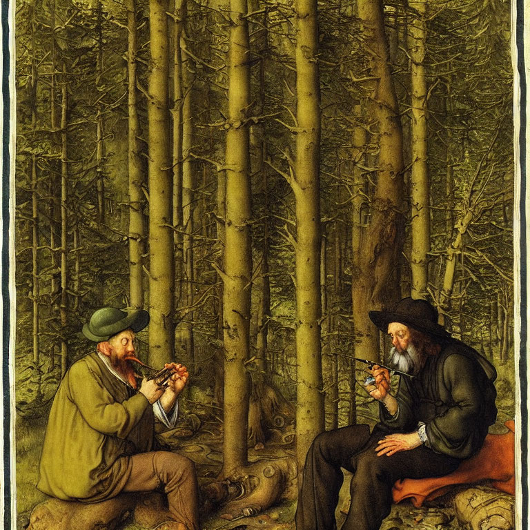 Two people playing music in dense forest setting with pipe and stringed instrument.