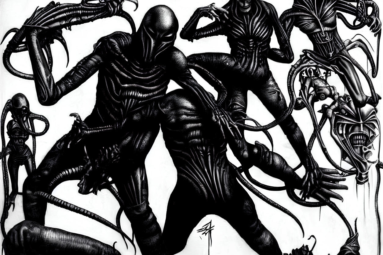Multiple black-suited figures with elongated limbs and symbiote-like features in dynamic poses.