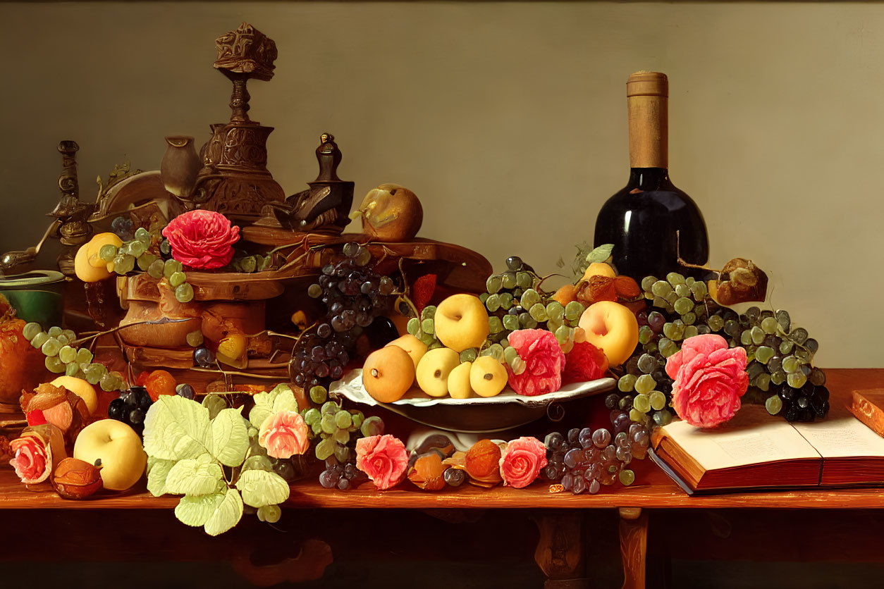 Traditional Still Life Painting with Fruits, Flowers, Wine Bottle, Grapes, and Antique Objects