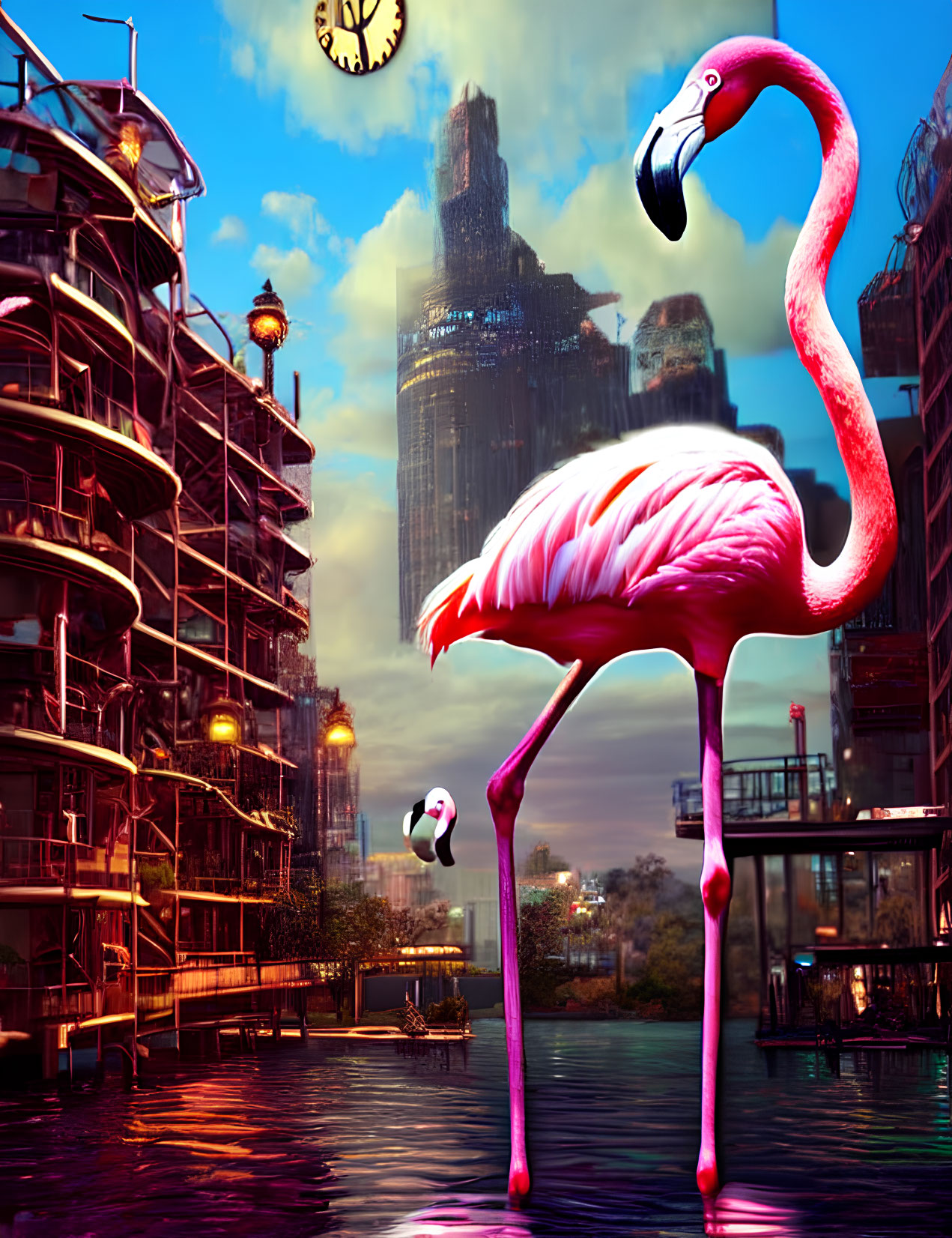 Colorful digital artwork: flamingo, surreal cityscape, water reflections, soccer ball