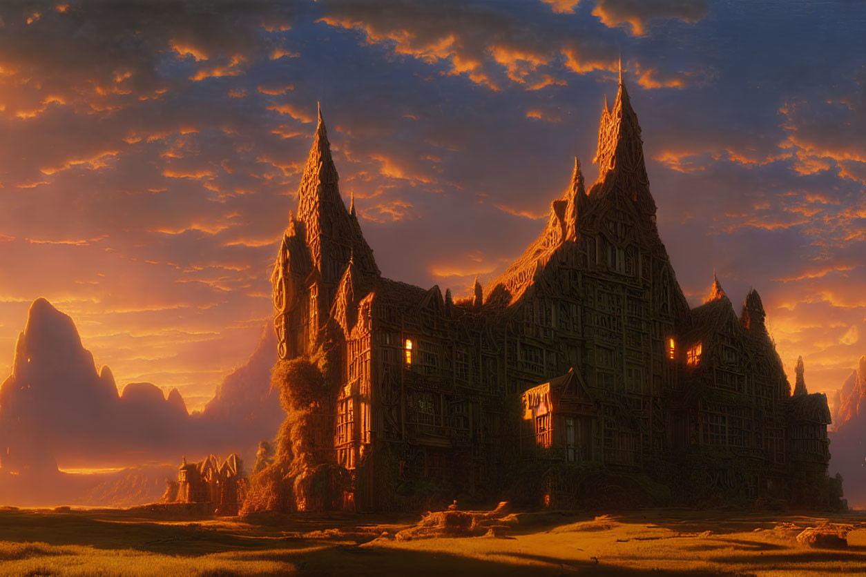 Majestic fantasy castle at sunset with towering spires