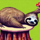 Smiling sloth on large mushroom with green background