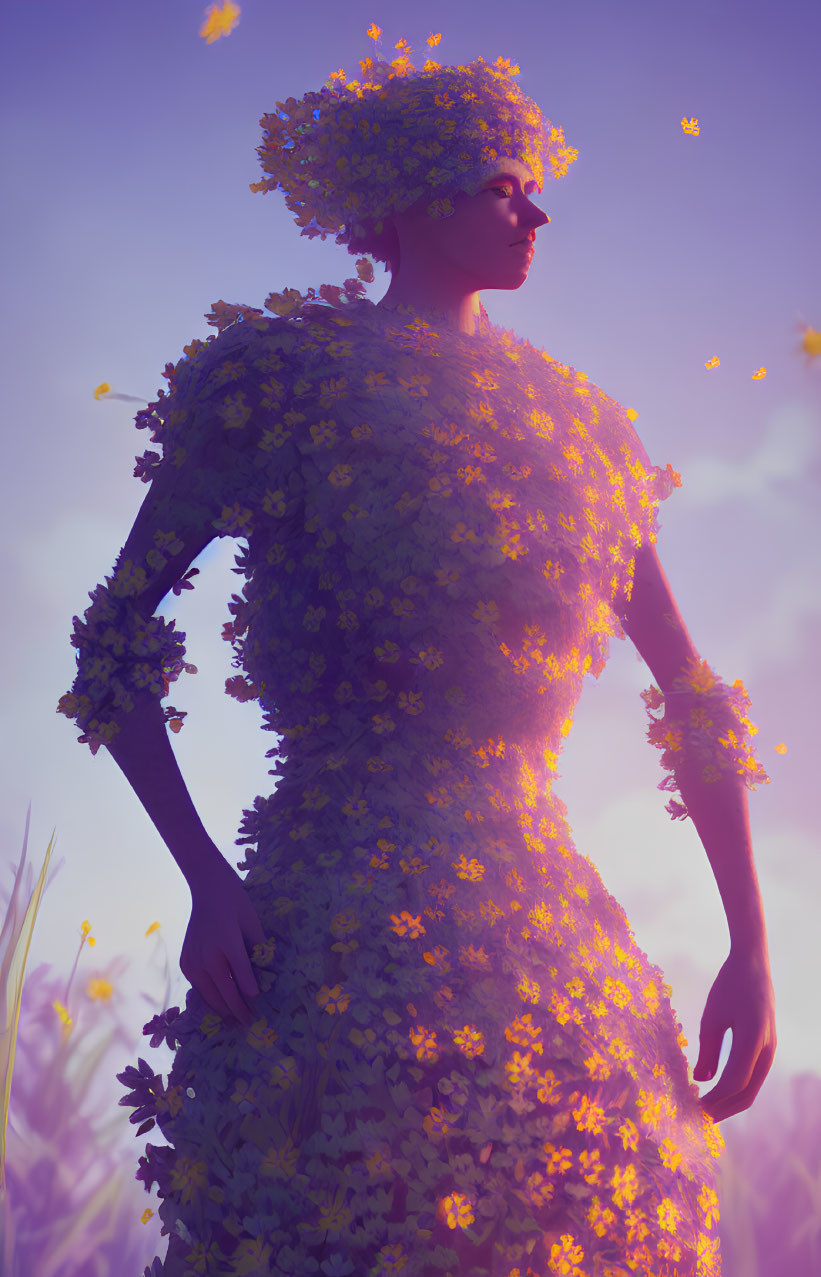 Person in Yellow Flower Dress and Hat Standing in Purple Field