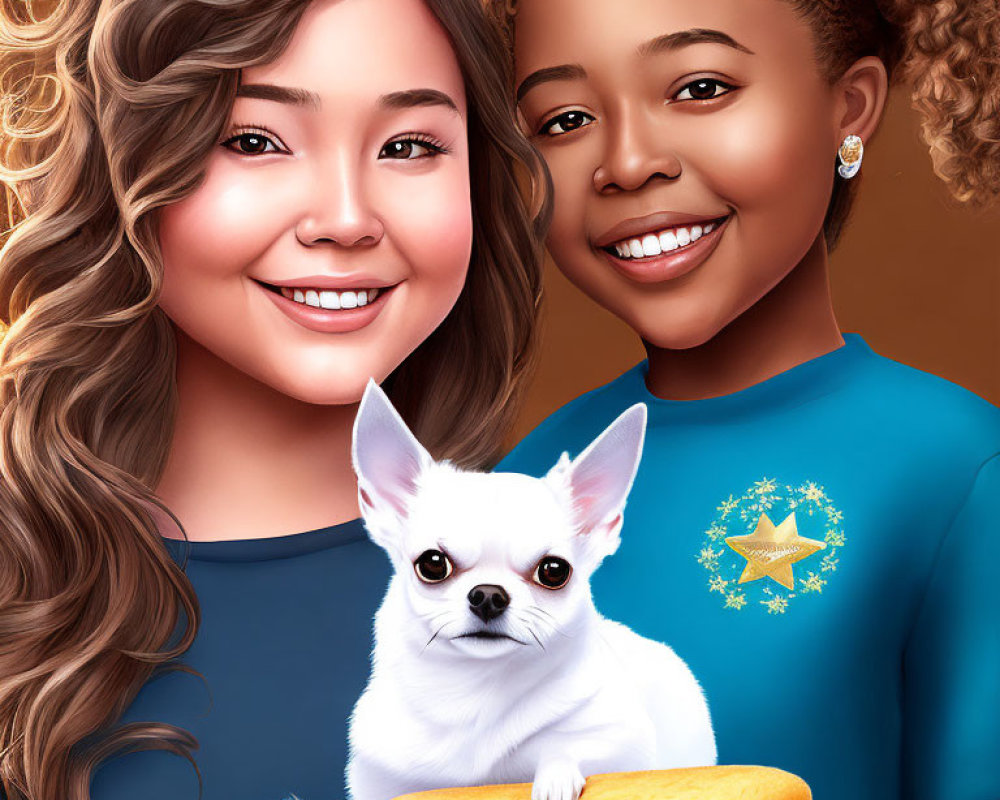 Two Smiling Girls with Small White Dog and Hot Dog on Light Brown Background