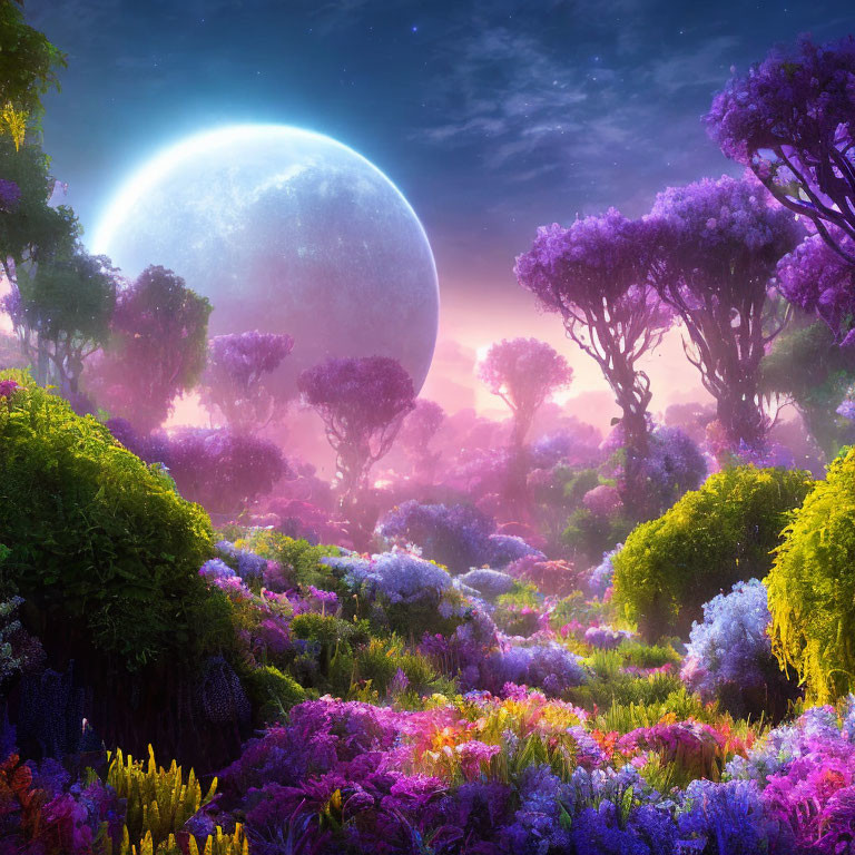 Colorful Fantasy Landscape with Glowing Moon and Starry Sky