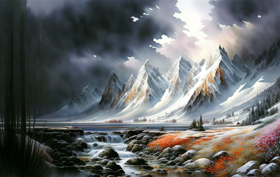 Snow-capped mountains, river with waterfalls, wildflowers, and dramatic sky in landscape.