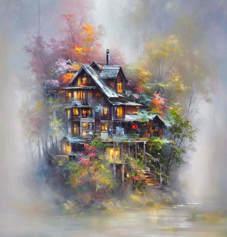 Rustic multi-story house in autumn forest near misty lake