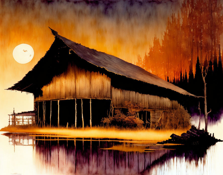 Traditional Asian Thatched-Roof House by Calm Lake at Sunset