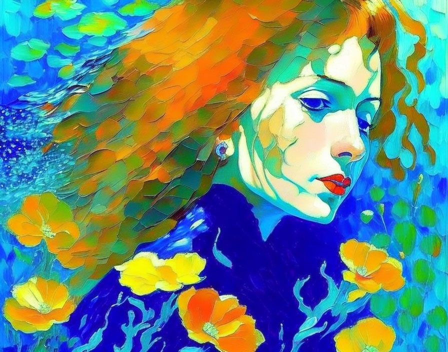 Colorful portrait of woman with red hair and yellow flowers on blue background