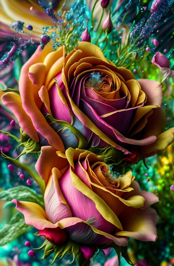 Colorful digitally-enhanced roses with intricate details and dewdrops on surreal flora background