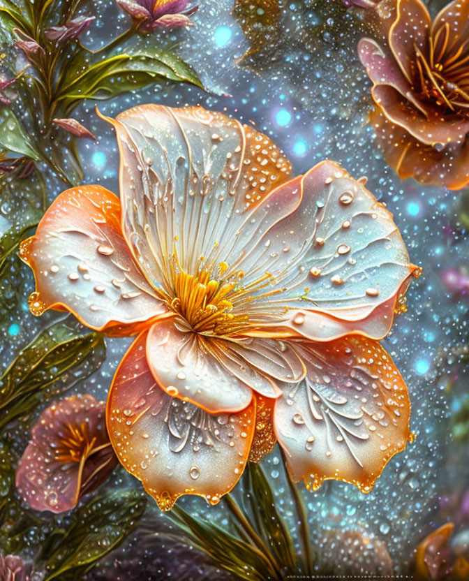 Colorful digital artwork: Dew-covered flower on peach petals in starry background.