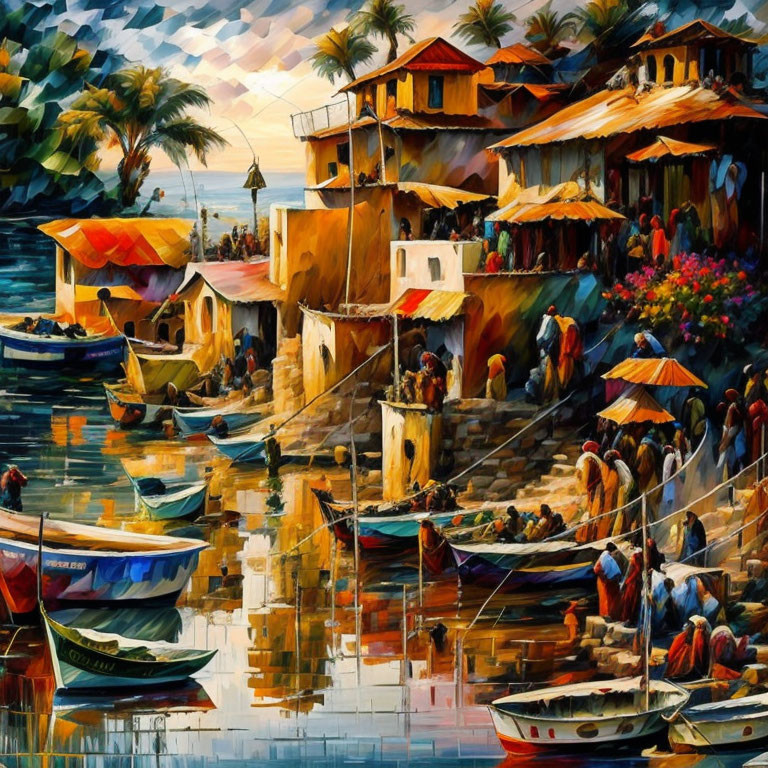 Bustling waterfront village at sunset with boats and colorful houses