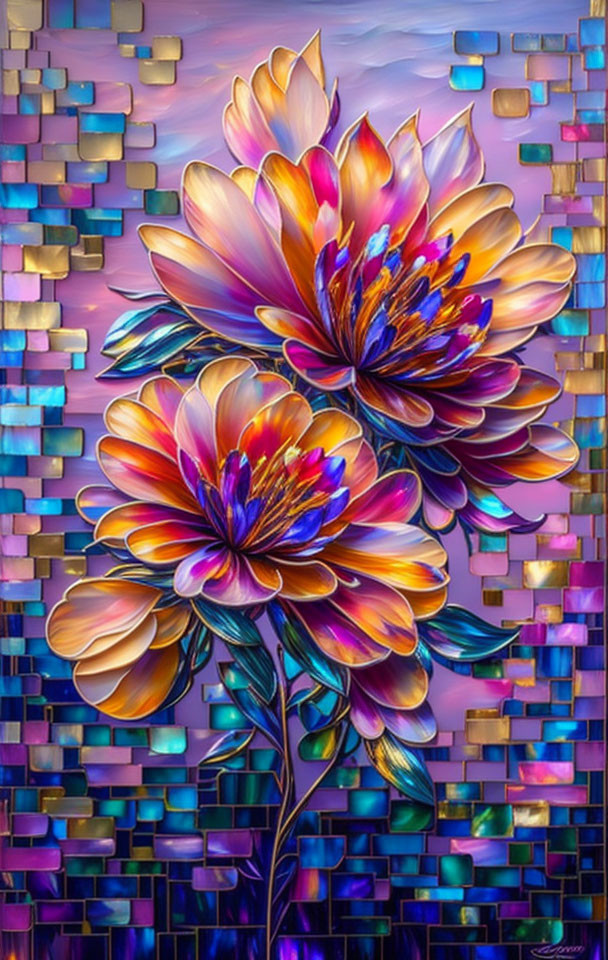 Colorful digital art: Two blooming flowers with luminescent petals on mosaic background