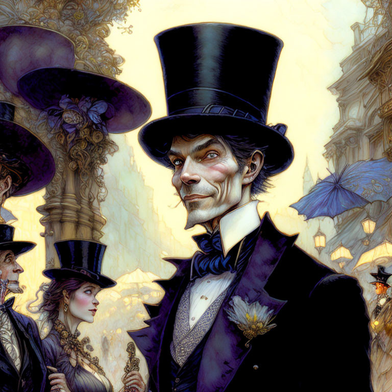 Victorian-era fashion illustration with smiling man in top hat and suit.