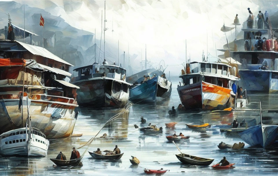 Harbor scene with boats, people, reflections, and overcast sky.