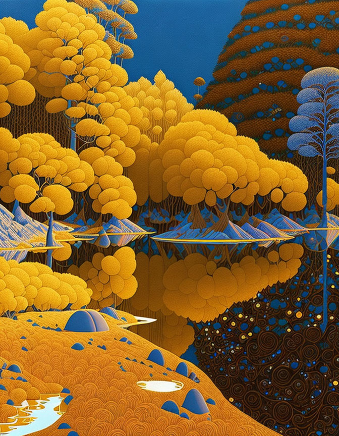 Colorful Digital Artwork: Stylized Nature Scene with Yellow and Blue Trees