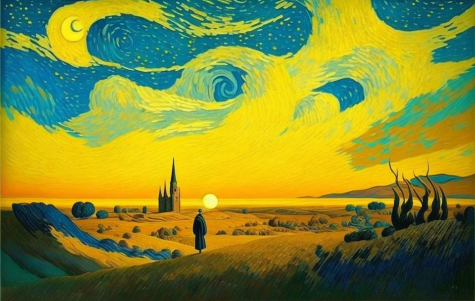 Night Scene Painting: Vibrant Yellow and Blue Starry Sky with Moon, Church, and Figure