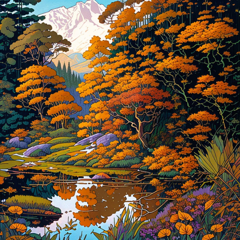 Autumnal forest scene with orange foliage, tranquil river, purple rocks, and snow-capped mountains