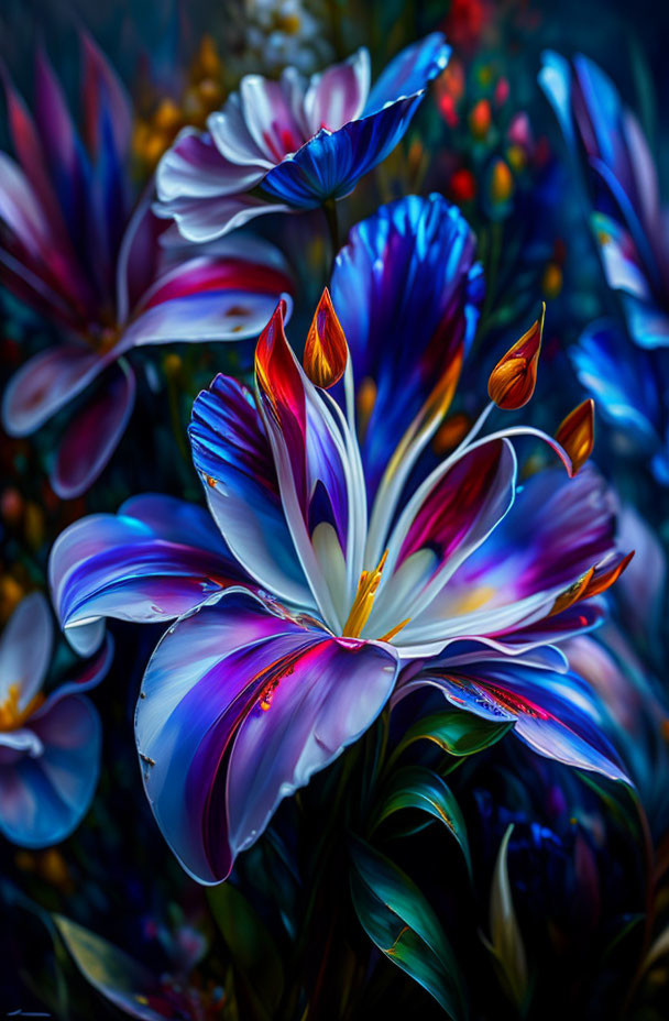 Luminescent Multi-Colored Flower Artwork with Moody Background