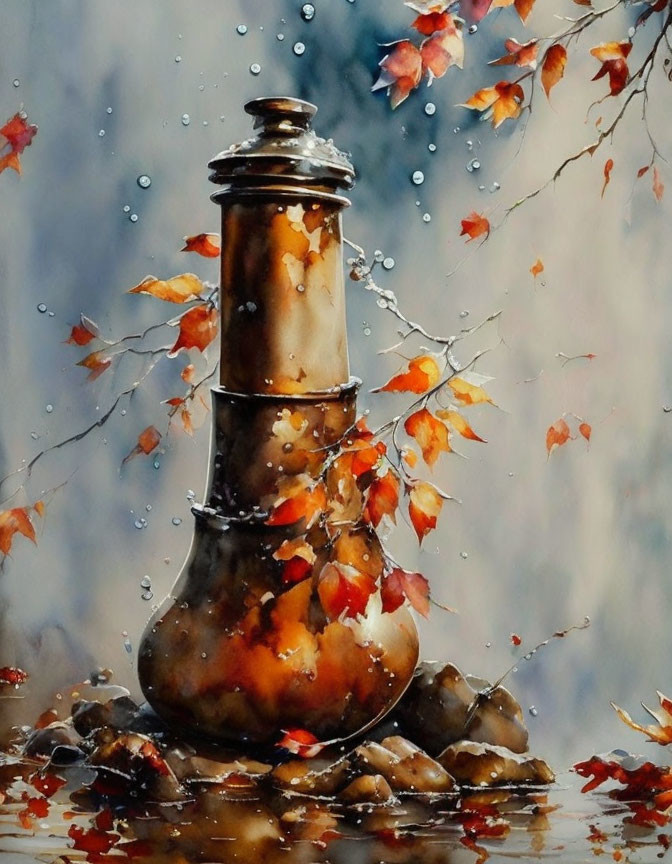 Vintage lantern with autumn leaves and raindrops on stones