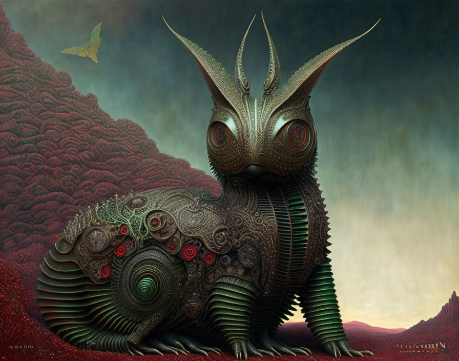 Fantastical Creature with Ornate Carapace on Surreal Landscape