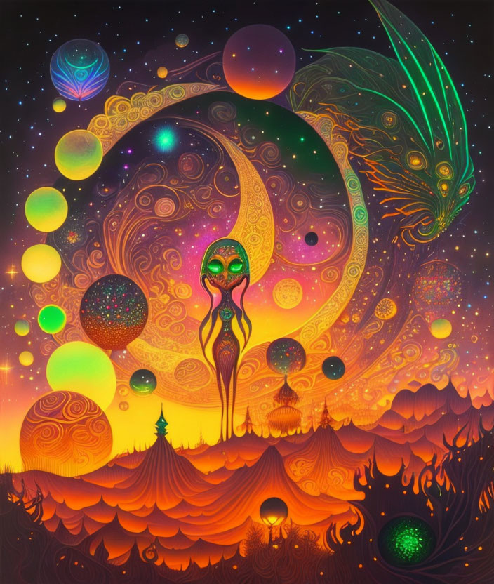 Colorful Alien Figure with Crescent Moon in Psychedelic Illustration