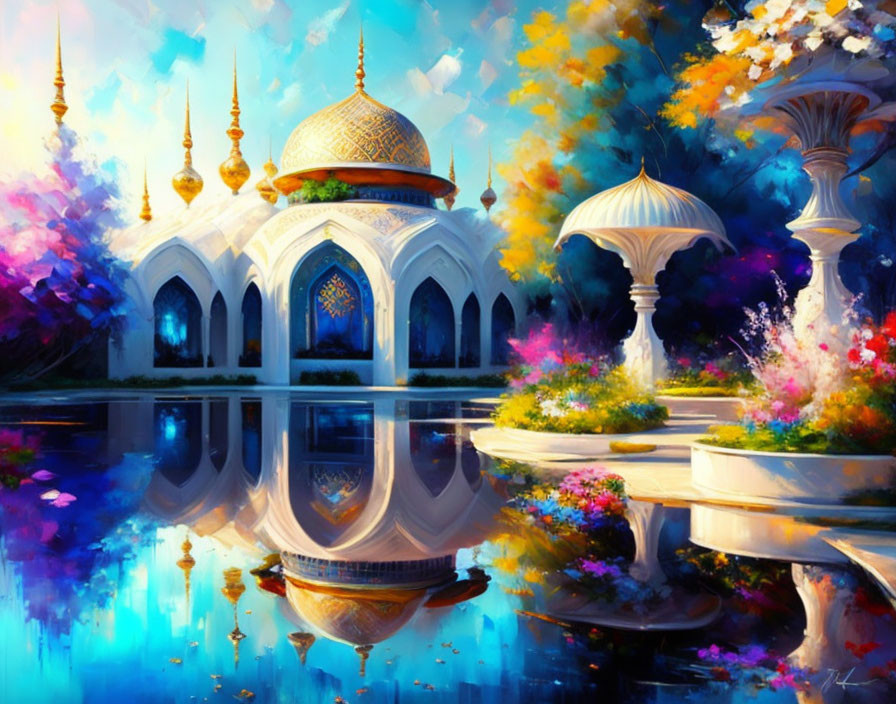 White Domed Structure with Golden Accents Surrounded by Flowers and Water