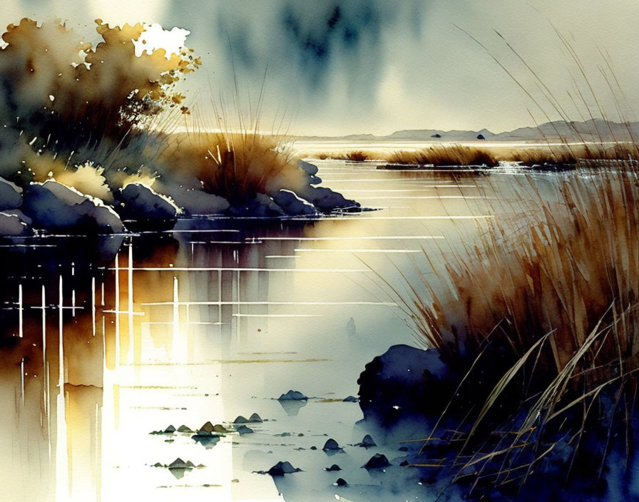 Tranquil watercolor landscape with reeds, rocks, and cloudy sky