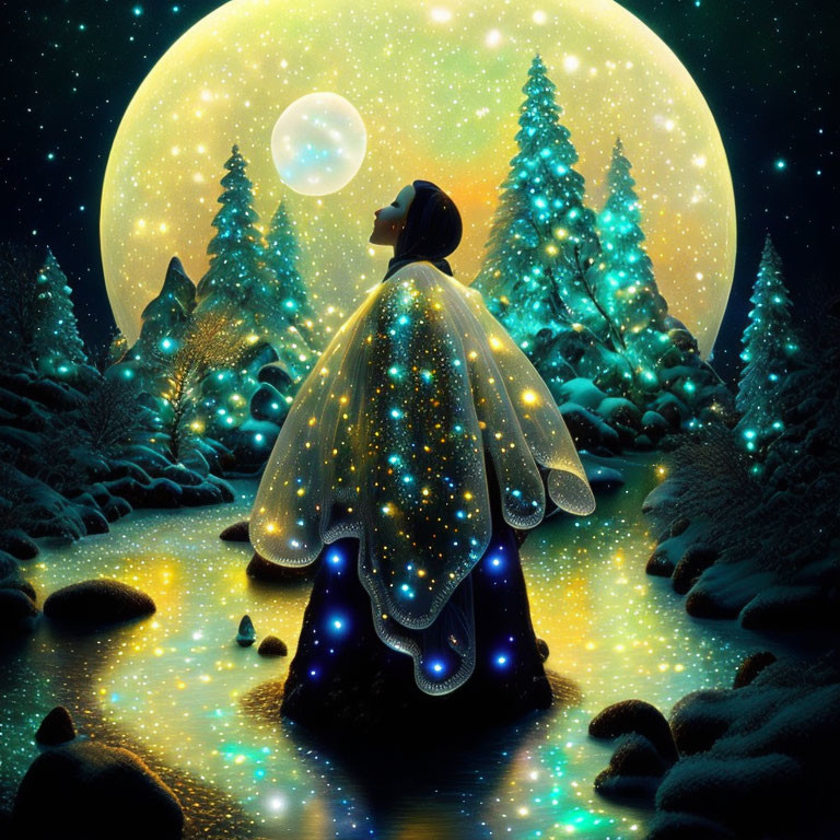 Person in Starry Cloak Sits by Forest Under Large Moon