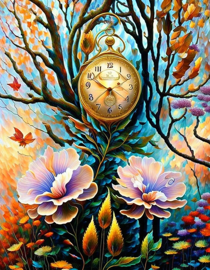 Surreal painting of golden pocket watch with foliage and autumn trees