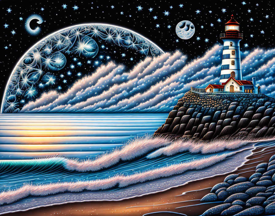 Surreal artwork: Lighthouse, starlit sea, crescent moon, spherical moon, night