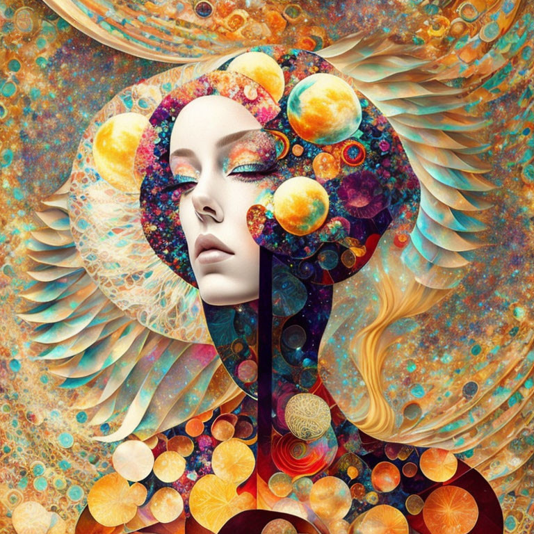 Vibrant psychedelic woman profile with celestial orbs and swirling patterns