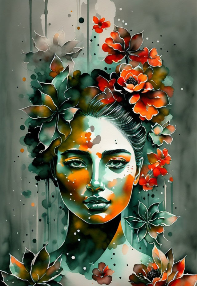 Stylized portrait of a woman with floral and watercolor elements