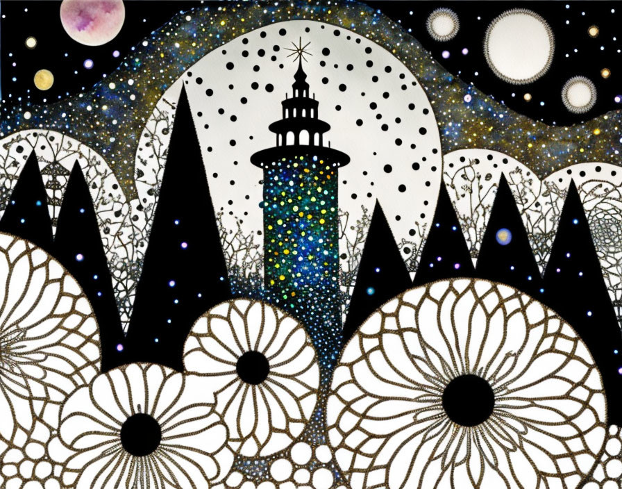 Nighttime scene with mountain tower and celestial decor