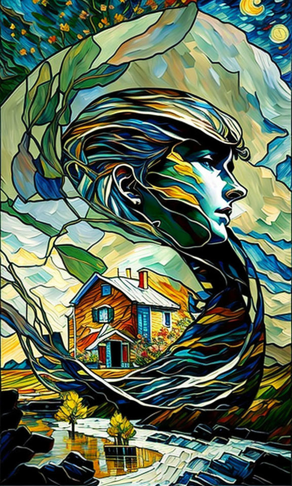 Colorful Stained-Glass Style Artwork of Woman's Profile with Swirling Patterns