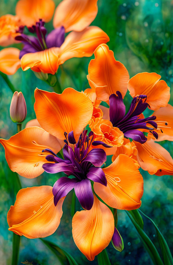 Colorful Orange Lilies with Purple Stamens on Blurred Green Background
