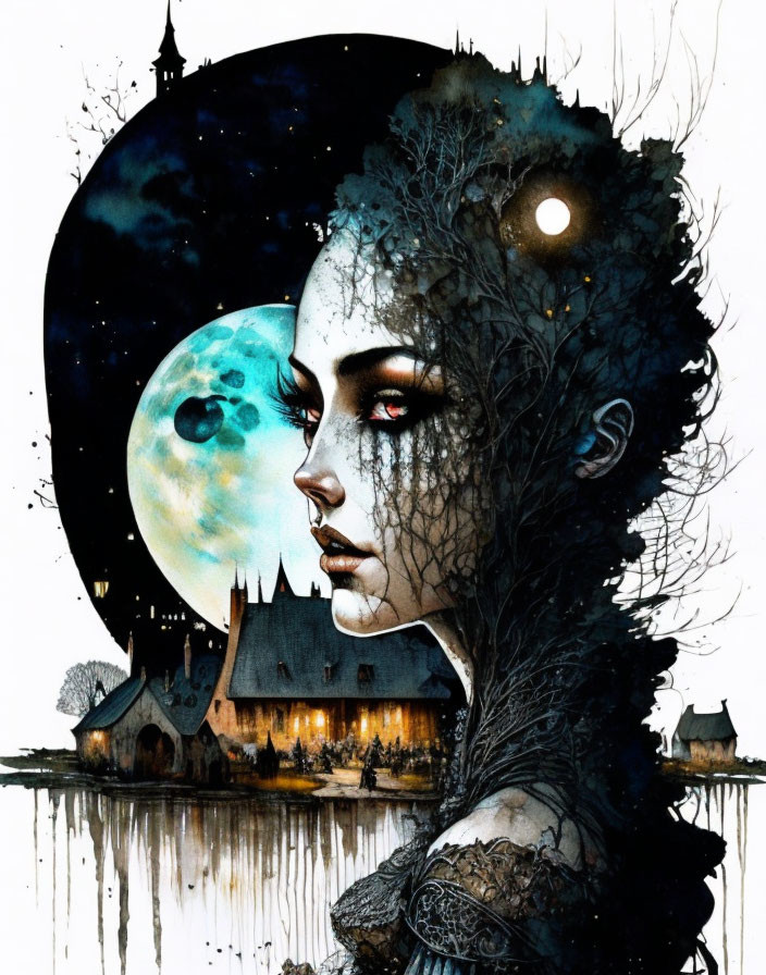 Dark-haired woman with red eyes merges with gothic castle in moonlit night illustration