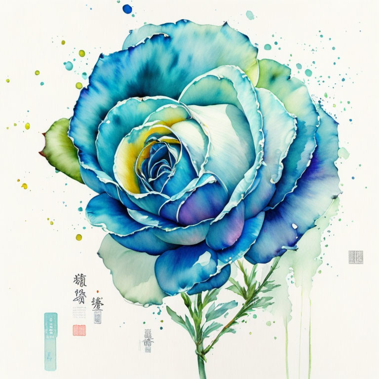 Blue rose watercolor painting with Asian calligraphy details