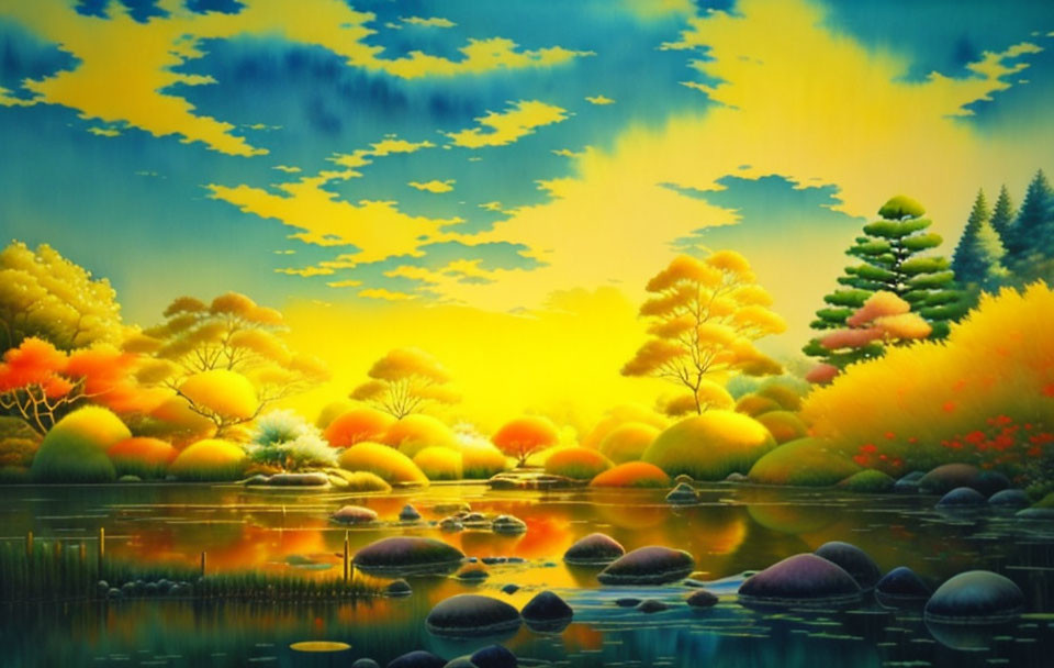 Golden sunrise over reflective water in vibrant landscape painting