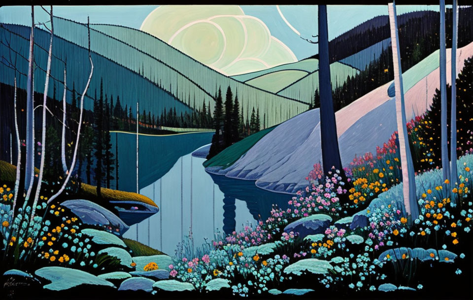 Colorful floral landscape painting with river, mountains, and whimsical sky