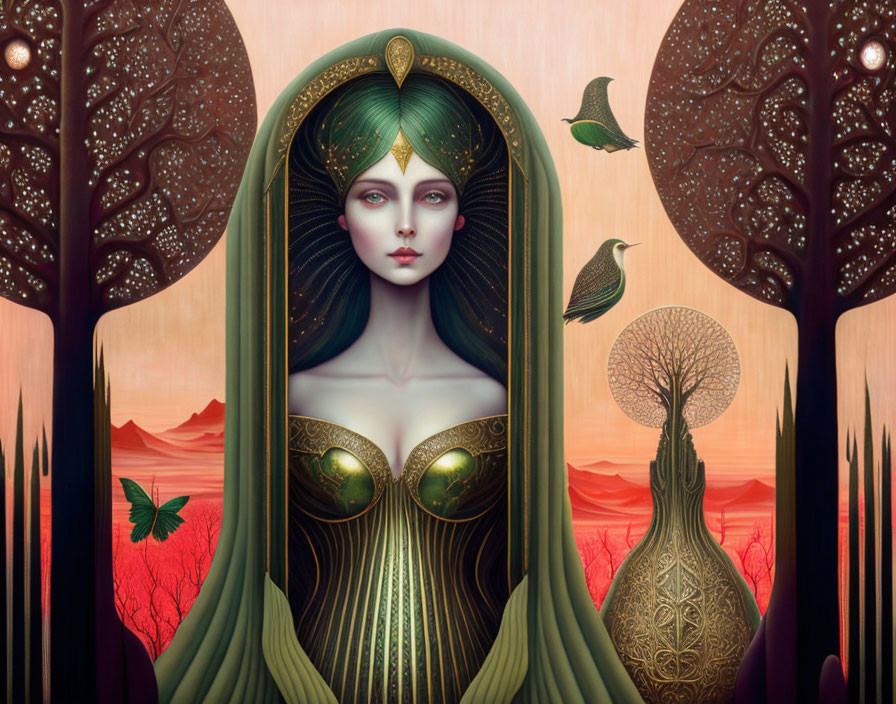 Stylized portrait of woman with green hair among trees and birds on red landscape.