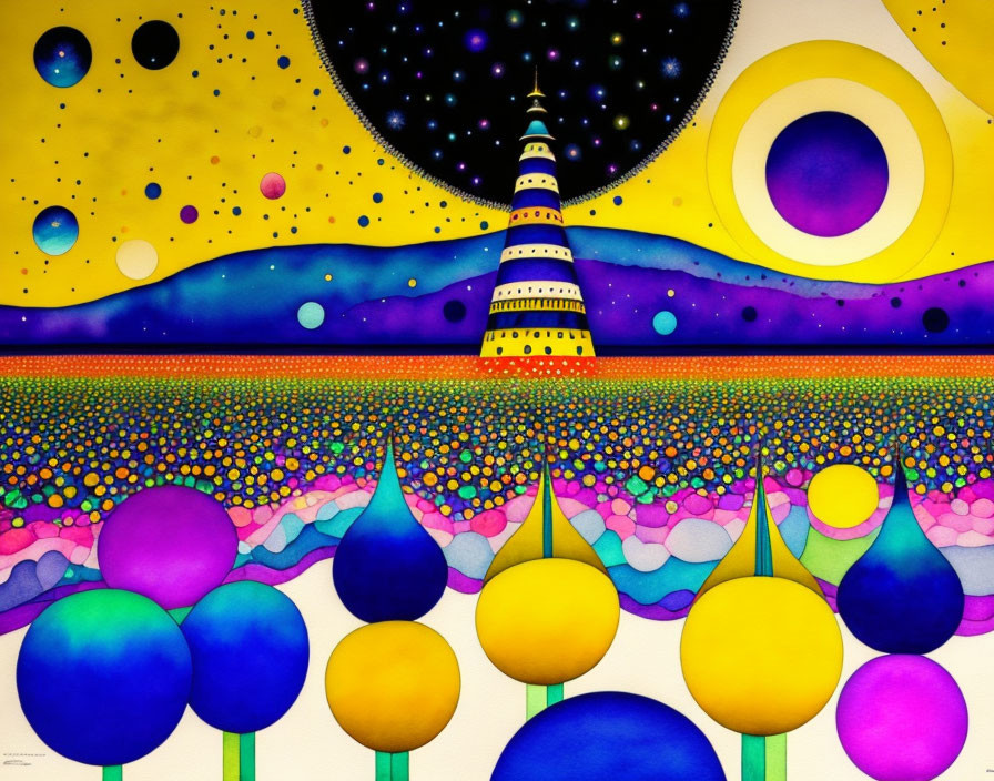 Abstract landscape with patterned tower and celestial bodies in sky