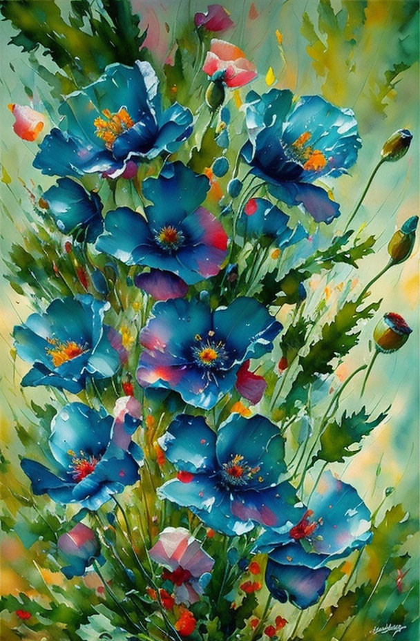 Colorful Watercolor Painting of Blue Poppies with Green Foliage