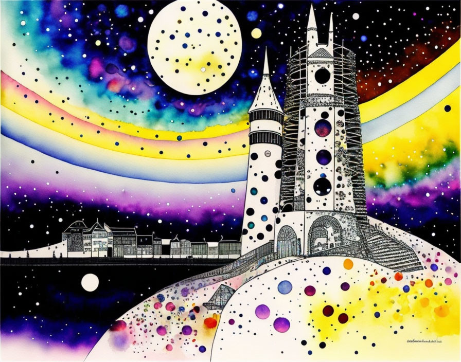 Whimsical artwork of castle tower in cosmic setting