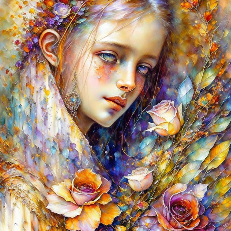 Colorful painting of pensive girl with flowers in dreamlike setting