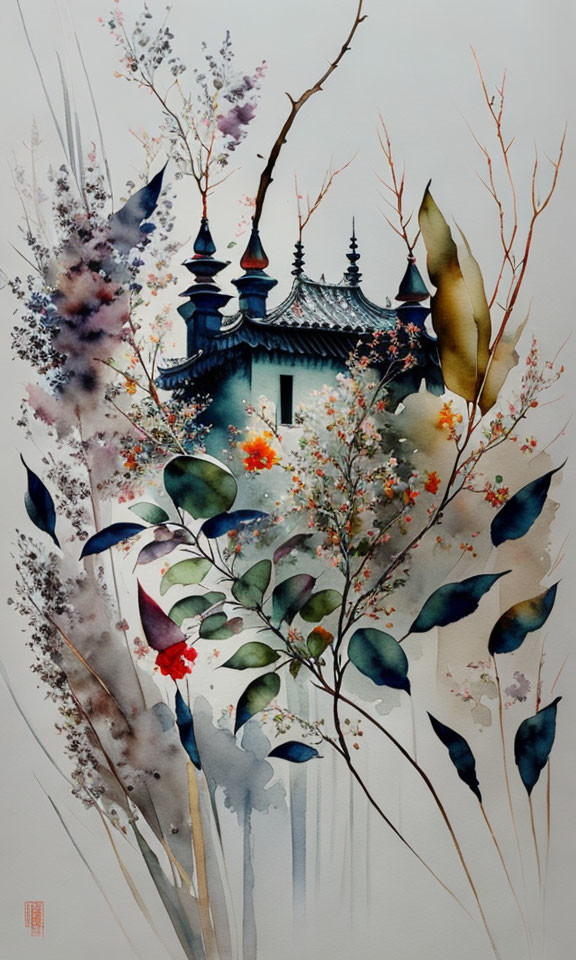 Asian temple surrounded by elegant flowers in a dreamy watercolor painting