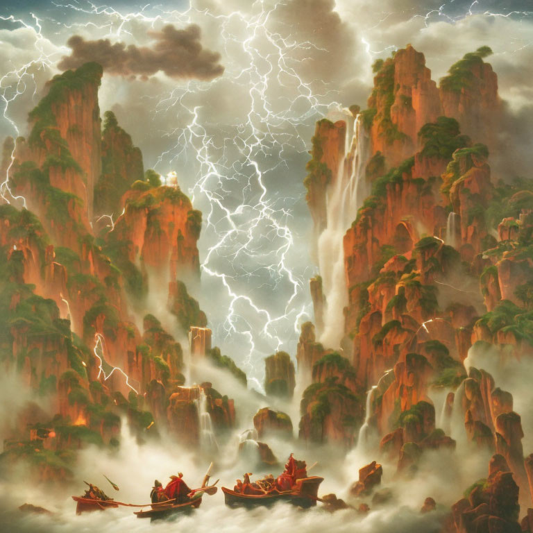 Mystical landscape with towering cliffs, waterfalls, lightning sky, boat, figures