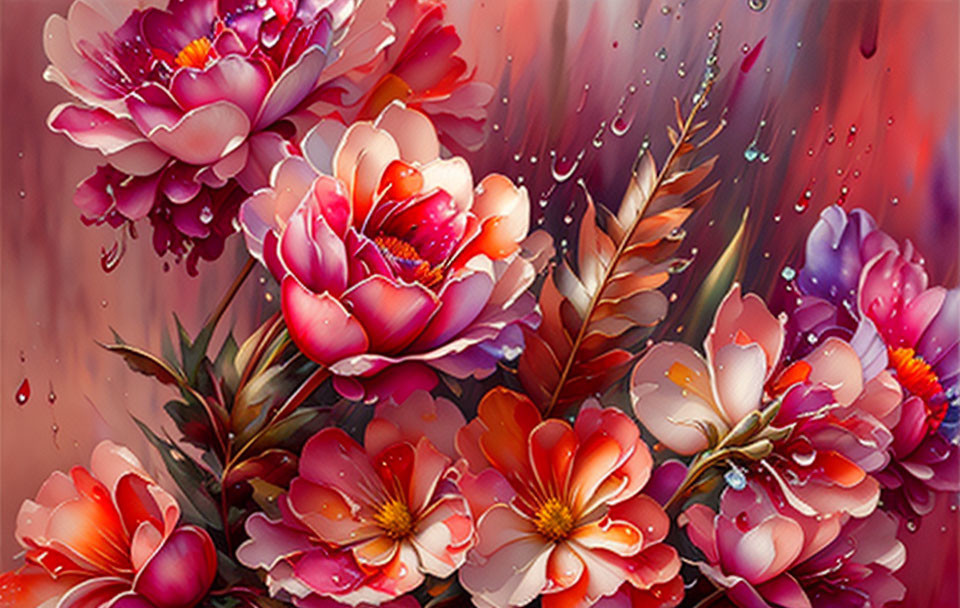 Colorful Flower Artwork with Water Droplets on Red Background