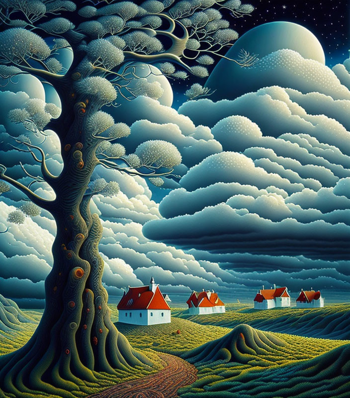 Surreal landscape with large tree, cottages, undulating fields, night sky.